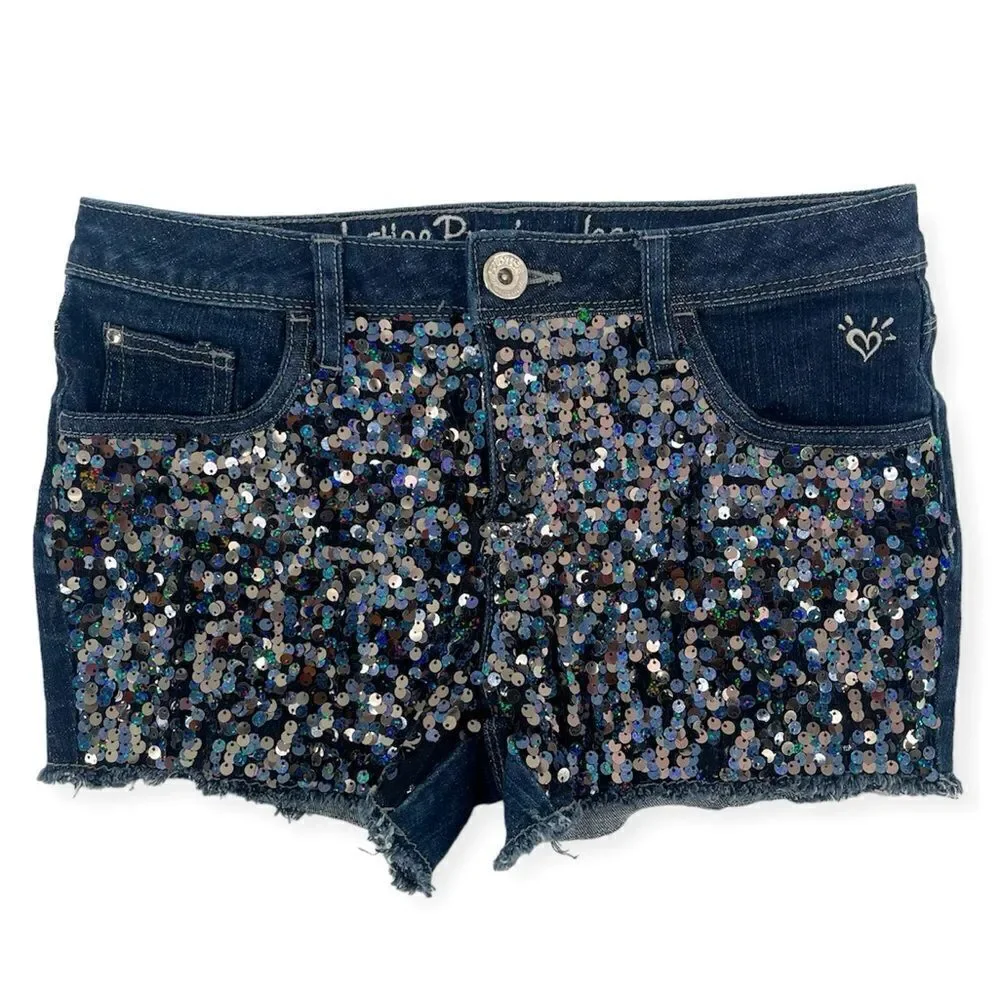 Justice Girl’s Full Sequin Front Frayed Hem Premium Denim Shorts Size 12.5